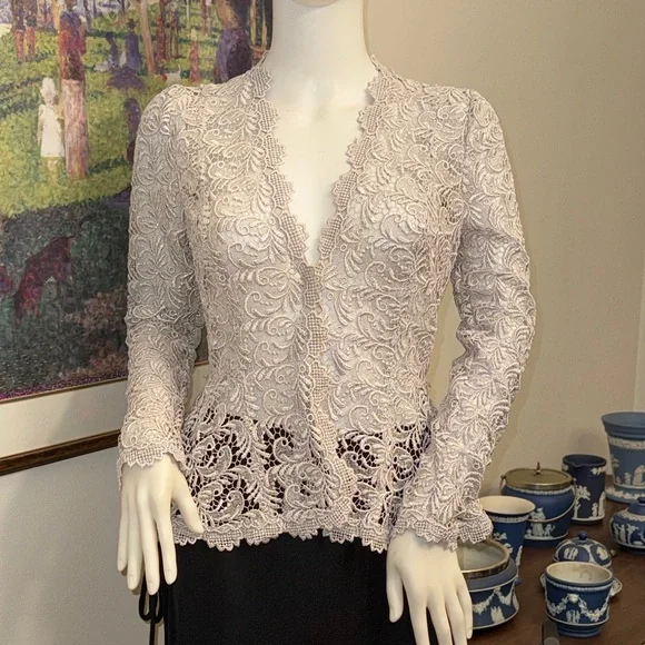 Carmen Marc Valvo Silver Lace Evening Jacket Size 6 - Picture 2 of 8